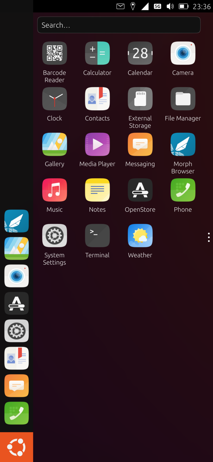 Ubuntu Touch app launcher, the actual OS this unit runs