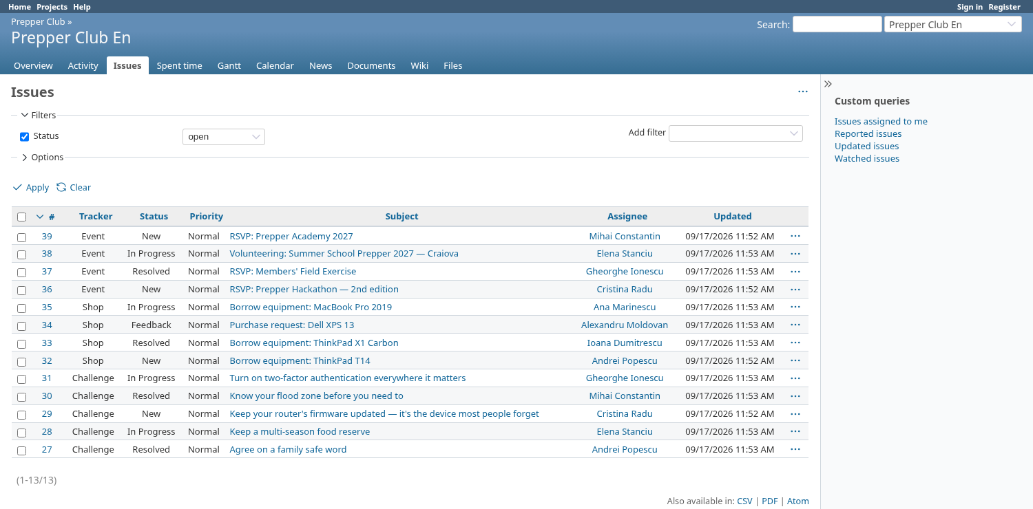 Screenshot of the internal platform showing challenges, shop borrow requests, and event RSVPs, each with a status and responsible member