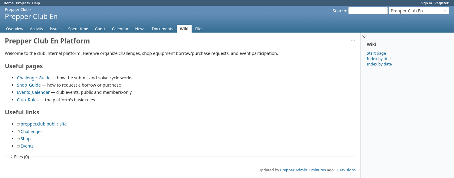 Screenshot of the platform's wiki, with guides for challenges, the shop, events, and the club's rules