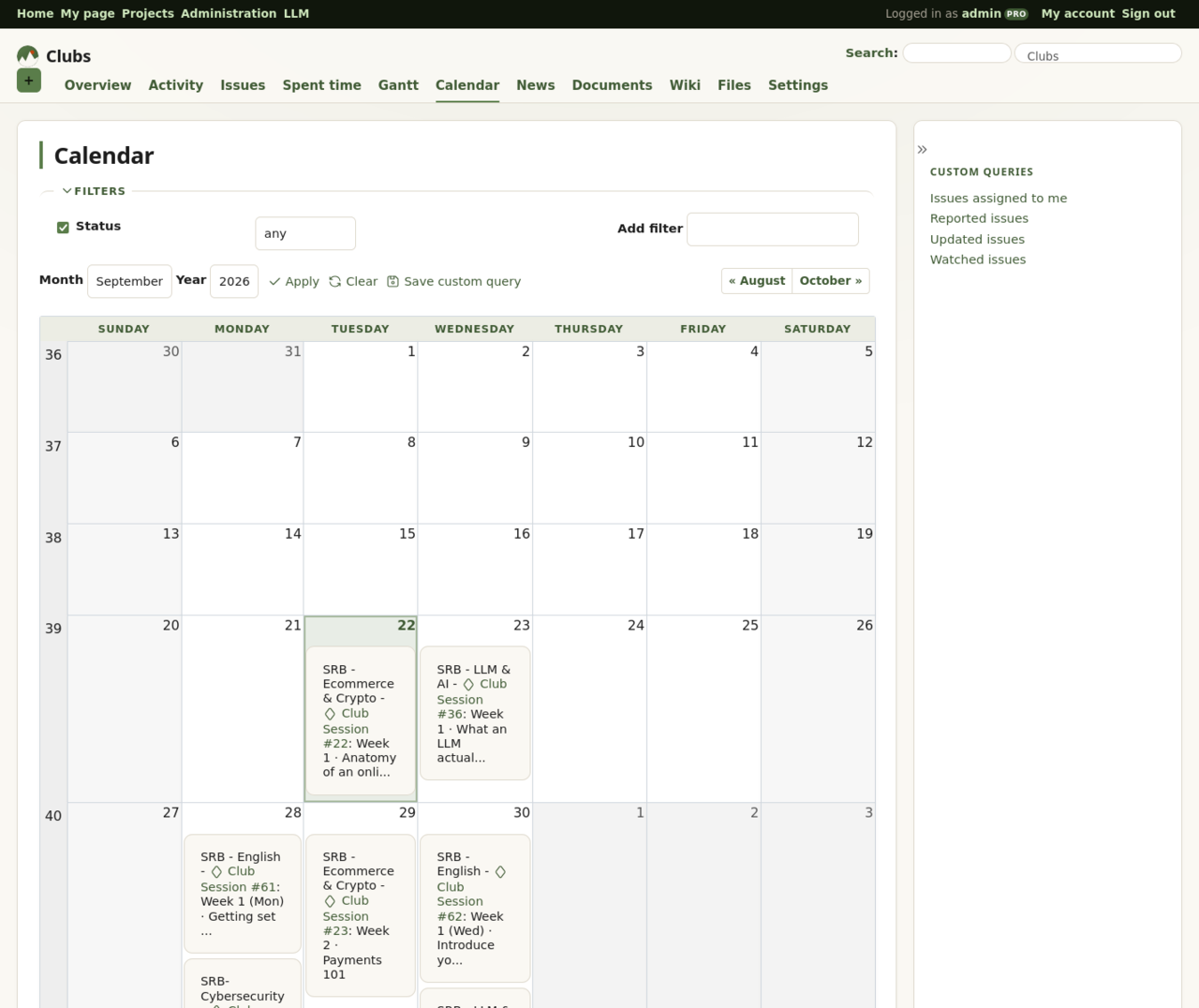 Screenshot of a calendar showing sessions from four different clubs, each on its own weekday