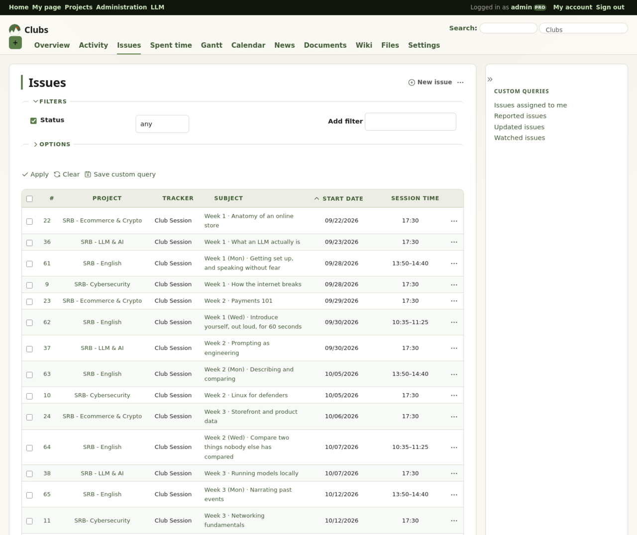 Screenshot of every club session listed with its club, date and start time