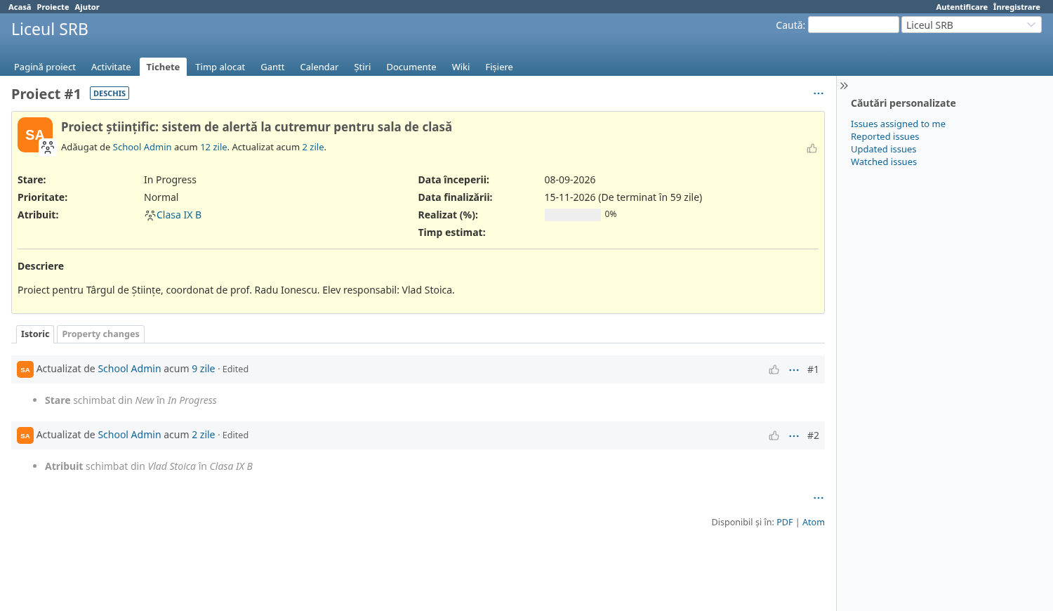 Screenshot of a school platform project assigned to the Class 9B group